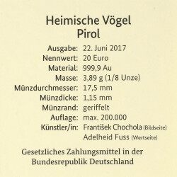 5 x 20 Euro Goldmünze "Pirol" - Deutschland 2017 - Serie: "Heimische Vögel" - A D F G J