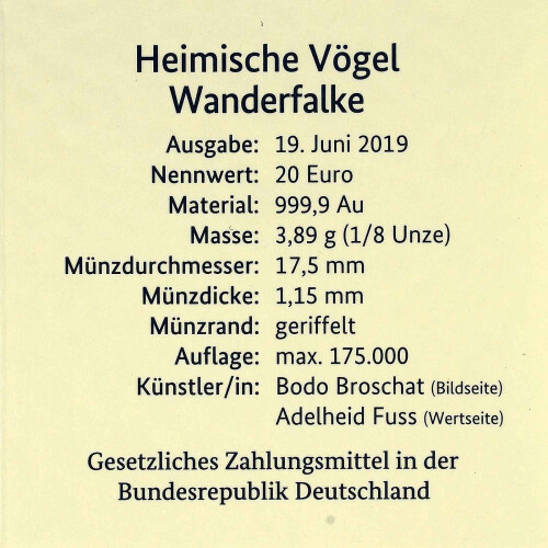 5 x 20 Euro Goldmünze Wanderfalke - Deutschland 2019 -...