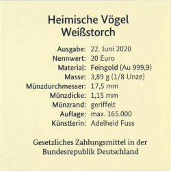 5 x 20 Euro Goldmünze "Weißstorch" - Deutschland 2020 - Serie: "Heimische Vögel" - A D F G J