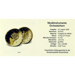 50 Euro Goldmünze Deutschland 2020 - "Orchesterhorn" - Serie: Musikinstrumente - F Stuttgart