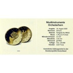 50 Euro Goldmünze Deutschland 2020 - "Orchesterhorn" - Serie: Musikinstrumente - J Hamburg