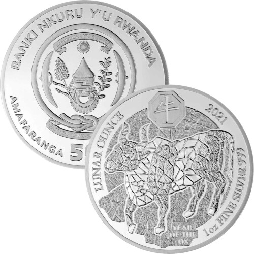 50 Francs Ruanda 2021 - 1 Unze Silber BU - Lunar: Jahr des Ochsen