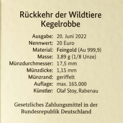 20 Euro Goldmünze "Kegelrobbe" - Deutschland 2022 - Serie "Rückkehr der Wildtiere" - F - Stuttgart