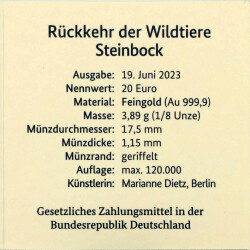 20 Euro Goldmünze "Steinbock" - Deutschland 2023 - Serie "Rückkehr der Wildtiere" - G Karlsruhe