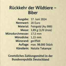 20 Euro Goldmünze "Biber" - Deutschland 2024- Serie "Rückkehr der Wildtiere"