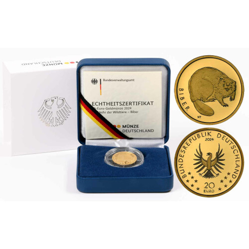 20 Euro Goldmünze "Biber" - Deutschland 2024 - Serie "Rückkehr der Wildtiere" - G Karlsruhe