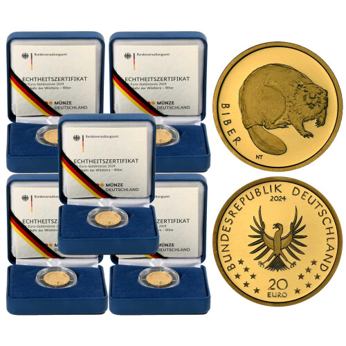 5 x 20 Euro Goldmünze "Biber" - Deutschland 2024 - Serie "Rückkehr der Wildtiere" - Set ADFGJ