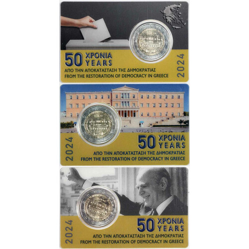 2 Euro Gedenkmünze Griechenland 2024 st - 50. Jahrestag der Demokratie - Alle 3 CoinCards