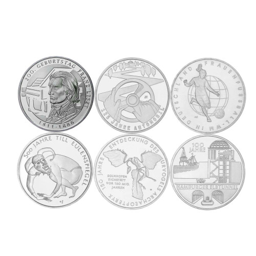 Jahressatz: 6 x 10 Euro Deutschland 2011 Silber/  CuNi bfr. - Alle sechs Ausgaben!