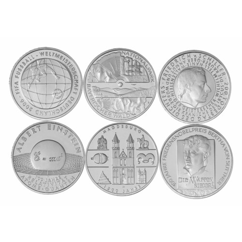 Jahressatz: 6 x 10 Euro Deutschland 2005 Silber bfr. - Alle sechs Ausgaben!