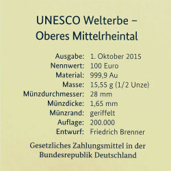 100 Euro Deutschland 2015 Gold st - UNESCO Oberes Mittelrheintal